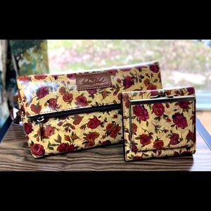SET:PATRICIA NASH VALERIE Leather Fold Over Clutch Wristlet & Wallet Rosso Fiore